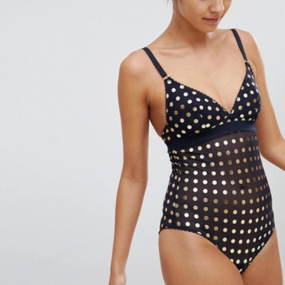 Stella McCartney Florence Fluttering Metallic Polka Dot Mesh Bodysuit Ink Gold